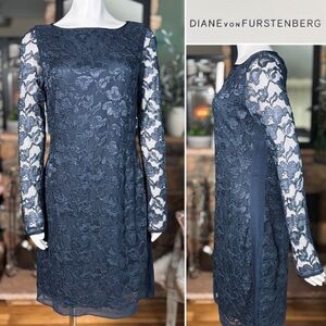 Diane Von Furstenberg Dark Blue New Zarita Lace & Silk Long Sleeve Dress, Sz 12